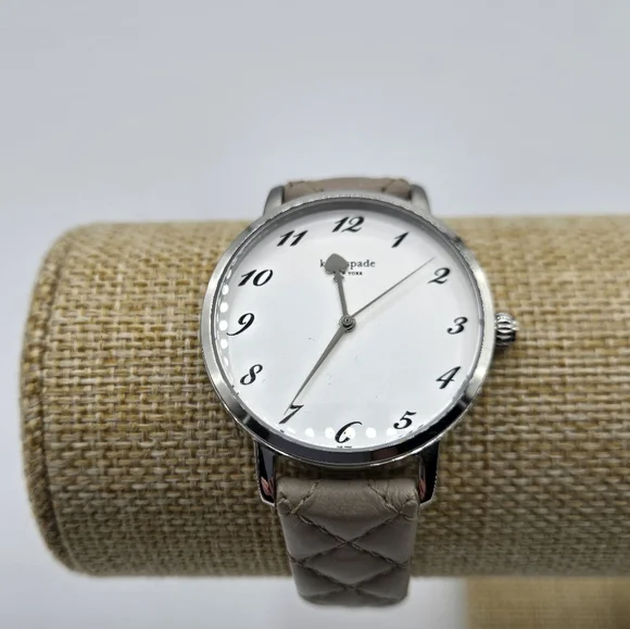 KATE SPADE Genuine Leather Watch Silver Metal Framed Face Taupe Leather - Picture 2 of 9
